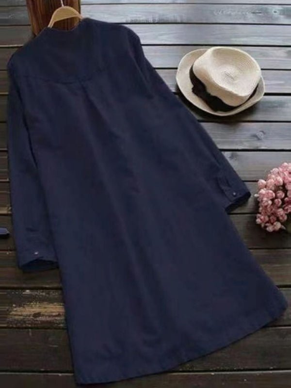New Solid Color Henley Collar Button Open Long Sleeve Shirt Style Midi Dress - Casual Dress